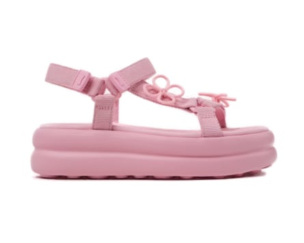 A side view of a Camper Twins Pink Recycled PET Sandal with platform wedge.
