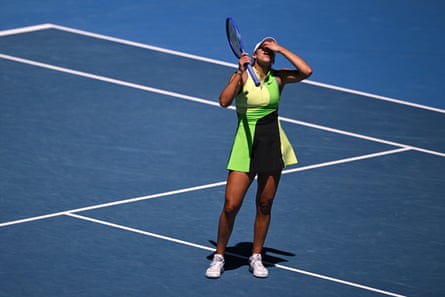 Madison Keys covers her face in frustration