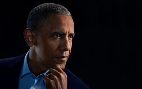 Head shot of former US president Barack Obama against black background