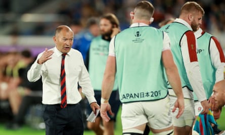 Eddie Jones, the England head coach, issues instructions to the replacements at half-time during the Rugby World Cup 2019 Semi-Final match between England and New Zealand