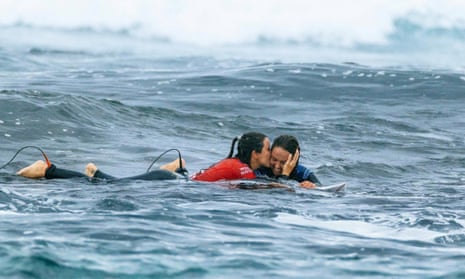 Australia’s Sally Fitzgibbons was visibly upset after falling to Frenchwoman Johanne Defay, who was also in tears.
