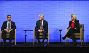 (L-R) Australian Retailers Association CEO Paul Zahra, Deloitte Access Economics partner Chris Richardson and Australian Council of Social Service CEO Cassandra Goldie attend a debate at the National Press Club in Canberra on Wednesday.