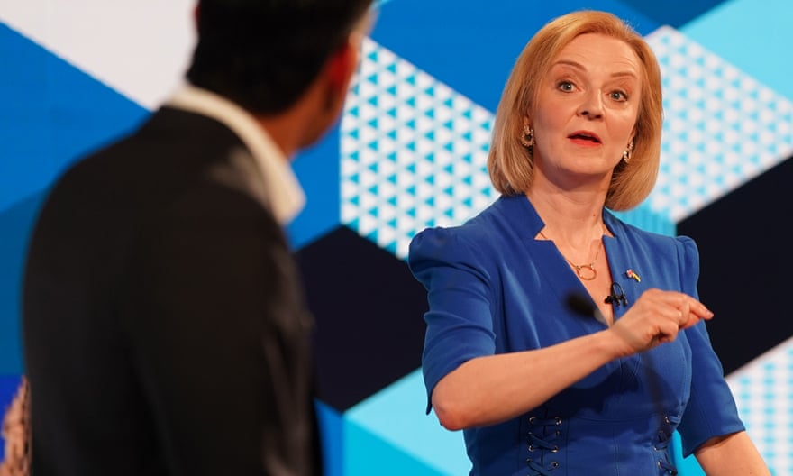 Rivals … Rishi Sunak and Liz Truss during the BBC’s leadership debate on 25 July.