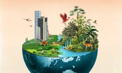 An illustration of the world with an abundance of biodiversity being uprooted for skyscrapers and farming