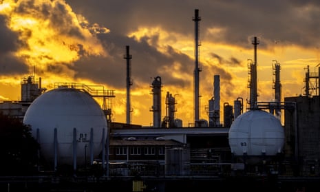 Chimneys and gas tanks are at the BASF chemical plant in Ludwigshafen, Germany