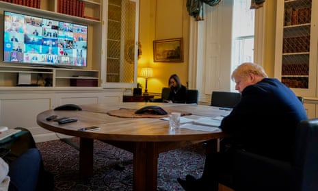 Boris Johnson on a video conference call while he was self-isolating at 11 Downing Street.