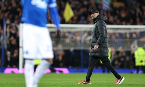 Jürgen Klopp walks off after Liverpool lose to Everton