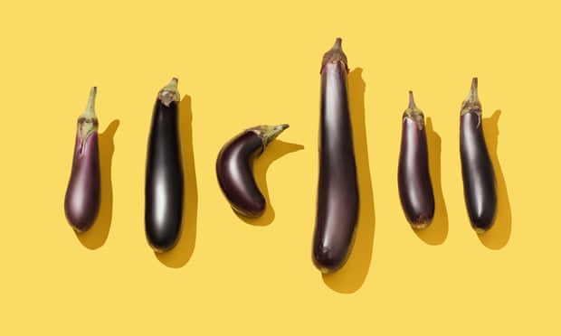 Six aubergines of different shapes and sizes