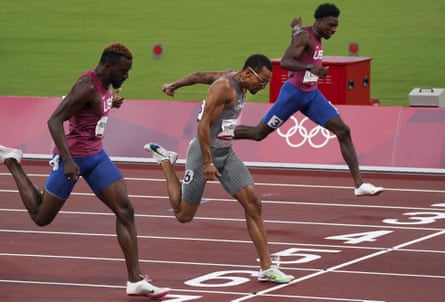 Andre De Grasse (centre) takes victory ahead of Kenny Bednarek (left) and pre-Games favourite Noah Lyles (top)