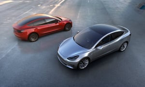 Photos of the Model 3 in red and silver.