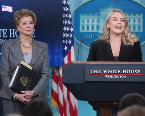 Karoline Leavitt speaks during a press briefing at the White House, Thursday as education secretary Linda McMahon listens.