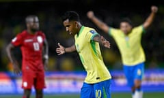 Rodrygo celebrates after scoring what proved to be the winner against Ecuador in Curitiba