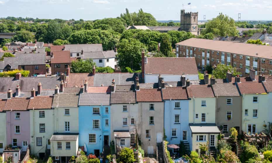 An elevated view of town houses In Wales, United Kingdom
