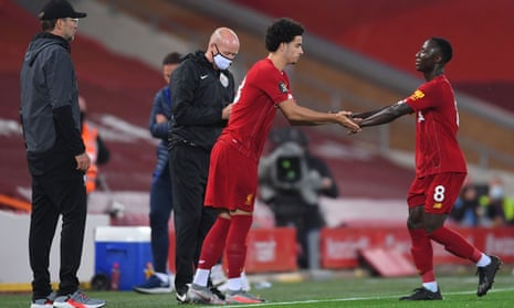 Liverpool’s Curtis Jones comes on as a substitute to replace Naby Keïta against Chelsea in July.