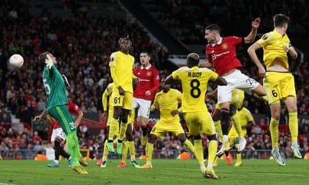 Manchester United’s Diogo Dalot heads in against Sheriff.