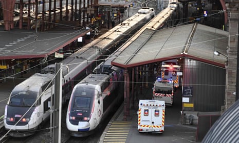 Ambulances stand by to load patients affected with Covid-19 aboard a medicalised TGV train in Strasbourg