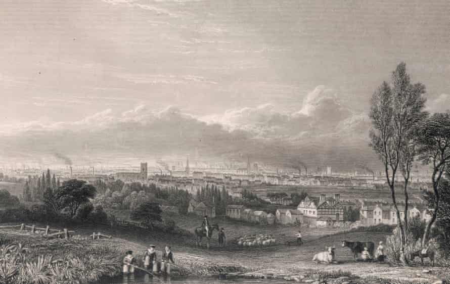 Manchester View, 1834, an engraving by Thomas Higham after a drawing by George Pickering. The illustration was used on the book cover of The Population History of England 1541-1871, by Tony Wrigley.