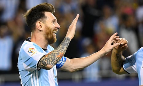 Lionel Messi celebrates his third goal of a dazzling hat-trick.