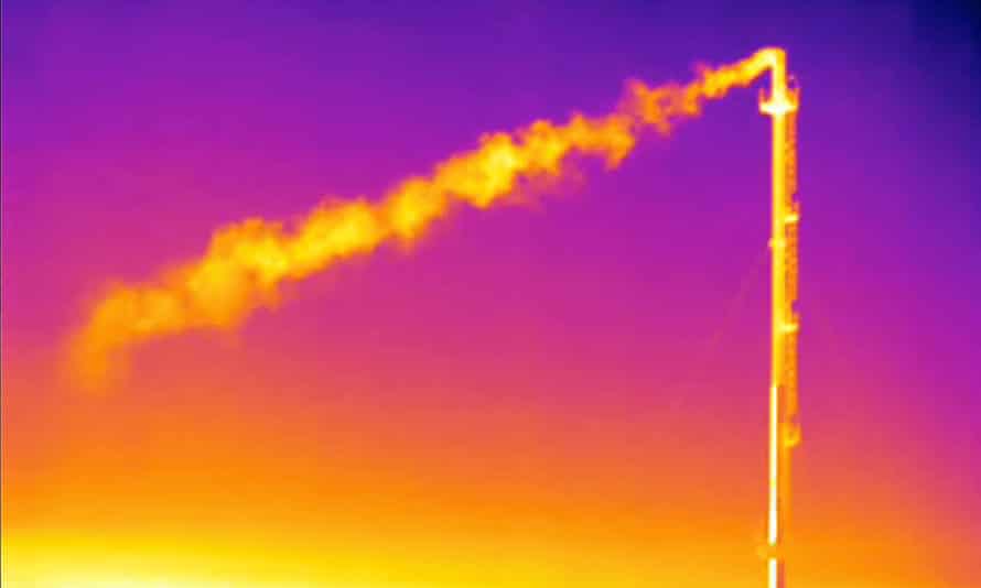 Infrared camera footage showing a plume of methane gas flowing from a vent stack.