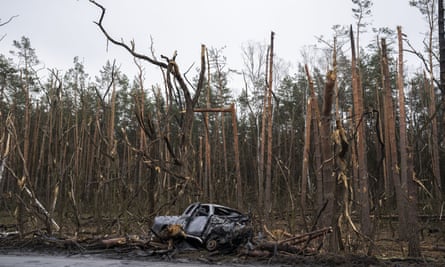 The gutted remains of a car in front of damaged trees after a battle between Russia and Ukrainian forces on the outskirts of Chernihiv in April 2022.
