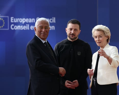 European Council President Antonio Costa, Ukraine's President Volodymyr Zelenskyy and European Commission President Ursula von der Leyen arrive for an European Council meeting in Brussels, Belgium in March.
