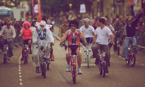 Raleigh Chopper riders in 1970s fancy dress compete in the inaugural Chopper Dash cycle race at the Colne Grand Prix in 2011.