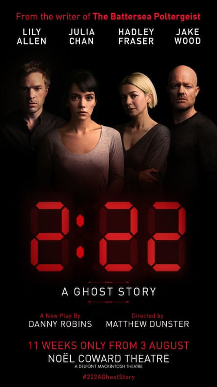 A playbill for 2:22 – A Ghost Story. Lily Allen will be joined on stage by EastEnders star Jake Wood, City Of Angels actor Hadley Fraser and Julia Chan of Silent House.