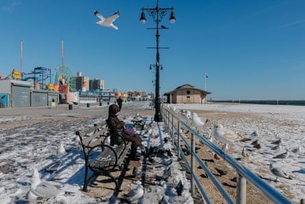 A person sits on a bench on a boardwalk with birds circling and snow on the ground.