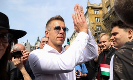 Péter Magyar, a lawyer and businessman, at the protest on Saturday.