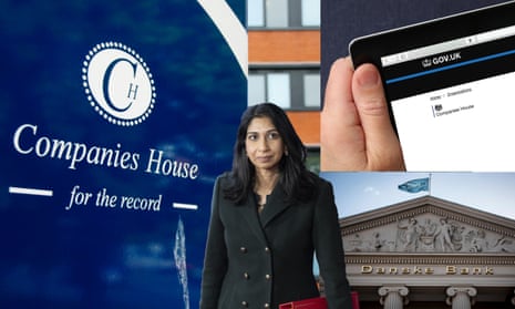 A composite image showing the Companies House sign outside its HQ, a tablet computer displaying its website, a piucture of a branch of Danske Bank, and Suella Braverman in the centre