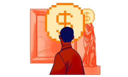Illustration of a man looking at a picture and a statue with dollar signs over them.