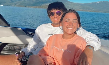This July 2022 photo provided by Jazmin Kurnodl shows University of Idaho students Zanna Kurnodl, right, and Ethan Chapin on a boat on Priest Lake in Idaho. The two students were among four people who were found stabbed to death in a rented house outside the campus.