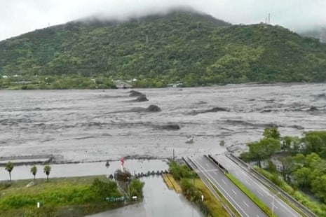 A drone shot shows the remaining piers of the Mataian Bridge after it collapsed during Super Typhoon Ragasa passed through Hualien in eastern Taiwan.