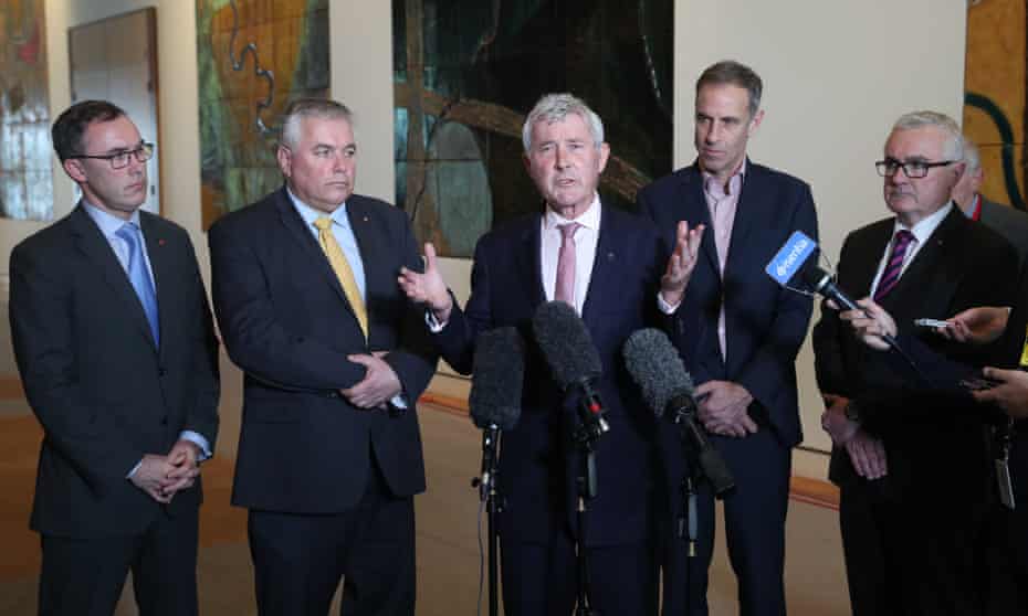 Lawyer Bernard Collaery (centre) with senators Tim Storer, Rex Patrick, Nick,McKim and MP Andrew Wilkie, who have complained about the Witness K case to the intelligence watchdog.