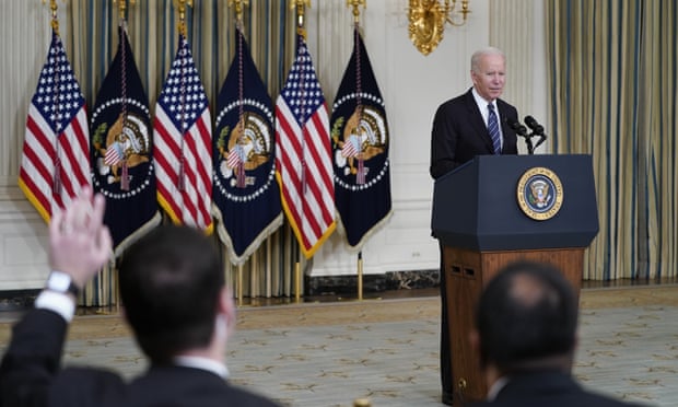 Biden at the White House on Friday morning. He urged members of Congress to vote for his agenda ‘right now’.