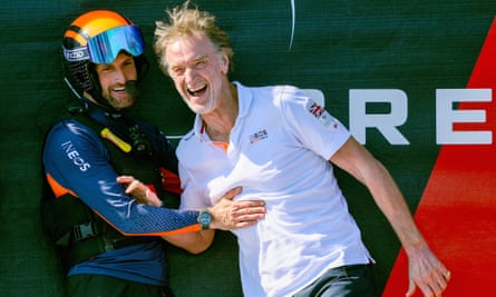 Sir Ben Ainslie skipper of the AC75 Ineos Britannia and Ineos CEO Sir Jim Ratcliffe celebrate