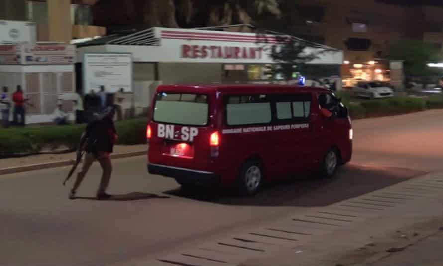 A fire brigade vehicle at the scene in Ouagadougou.