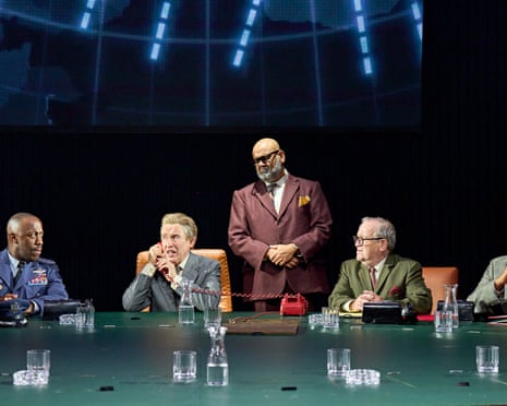 Giles Terera (Turgidson), Steve Coogan (President Muffley), Tony Jayawardena (Bakov), Mark Hadfield (Faceman) and Oliver Alvin-Wilson (Jefferson) in Dr Strangelove.