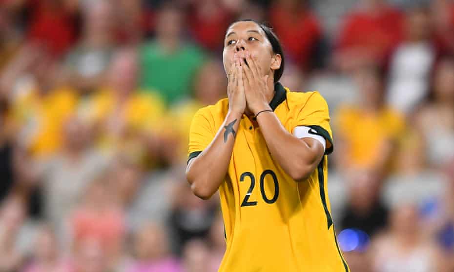 Sam Kerr of Australia rues another missed chance in the match between the Matildas and the New Zealand Football Ferns at Queensland Country Bank Stadium.