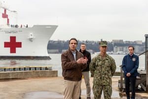 Andrew Cuomo speaks as the Navy Hospital Ship USNS Comfort arrives in Manhattan’s Pier 90 to help relieve the strain on local hospitals
