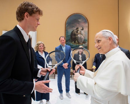 Jannik Sinner, left, shares a light moment with Pope Leo XIV at the Vatican