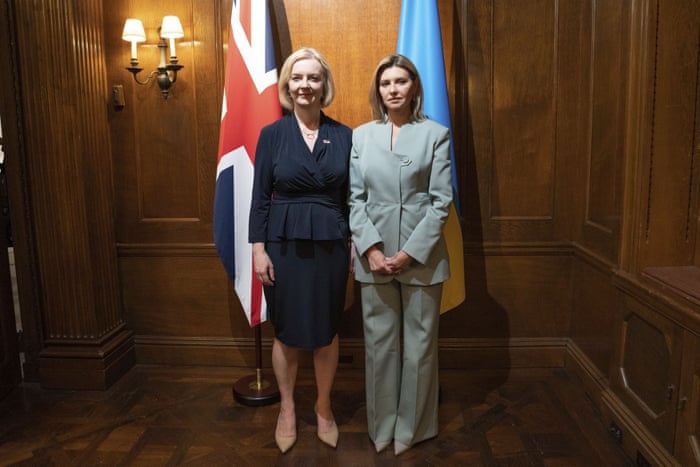 The British prime minister Liz Truss (left), with the Ukrainian first lady, Olena Zelenska, at the Ukrainian Institute of America, where they viewed an exhibition illustrating atrocities taking place in Ukraine