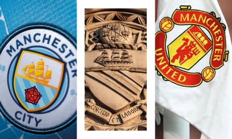 The badges of Manchester City and Manchester United either side of the crest of the city of Manchester