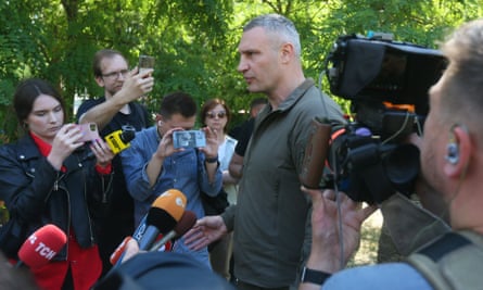 Kyiv’s mayor, Vitali Klitschko, speaks at the site of Thursday’s deadly Russian air attack.