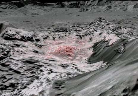 Mosaic image using false color to highlight the recently exposed brine, or salty liquids, that were pushed up from a deep reservoir under the crust of the dwarf planet Ceres.