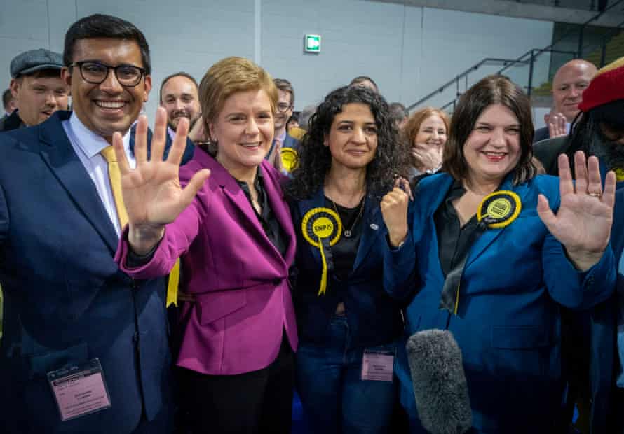 Local government electionsFirst Minister Nicola Sturgeon with SNP’s Zen Ghani, Roza Salih (second right) and Susan Aitken (right) at the Glasgow City Council count at the Emirates Arena in Glasgow, in the local government elections. Picture date: Friday May 6, 2022. PA Photo. See PA story POLITICS Elections. Photo credit should read: Jane Barlow/PA Wire