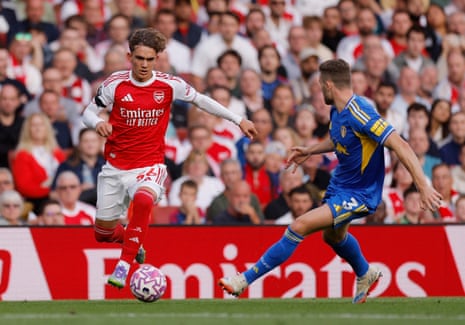 Arsenal's Max Dowman surges forward and attempts to go past Leeds United's Gabriel Gudmundsson.