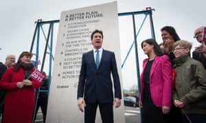 Written in stone: the former Labour leader Ed Miliband unveils Labour’s pledges carved into a stone plinth in Hastings.
