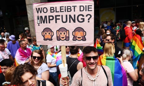 'Where is the vaccination?' banner during the Christopher Street Day pride demonstration in Berlin, Germany on 23 July, 2022. 