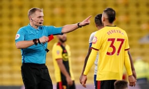 Goalscorer Roberto Pereyra is sent off late in the game.